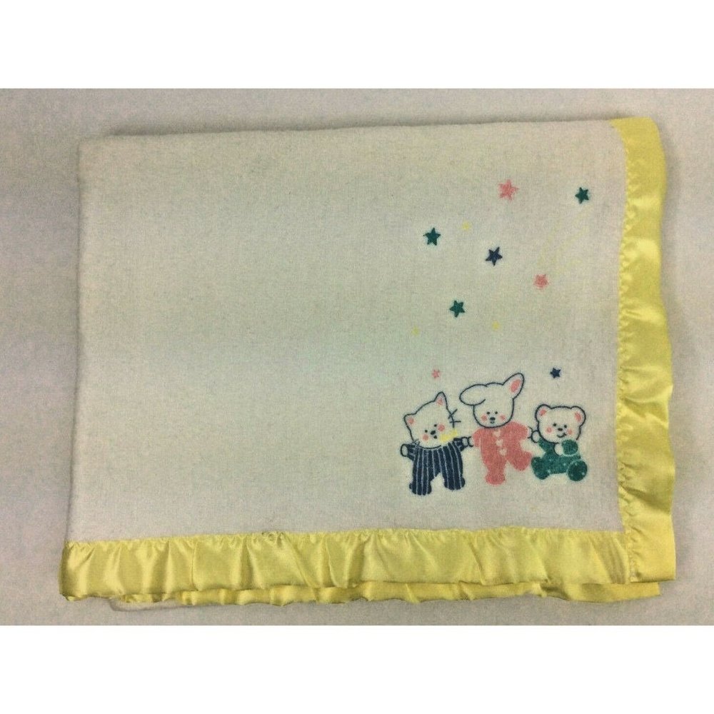 Riegel Baby Blanket Yellow Trim White Blue Teddy Bears Vintage Stars 100% Cotton